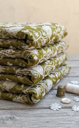 Yellowish Green- White Flowers Embroidered Chikankari Chanderi Fabric