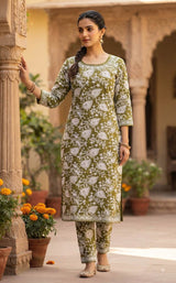 Yellowish Green- White Flowers Embroidered Chikankari Chanderi Fabric