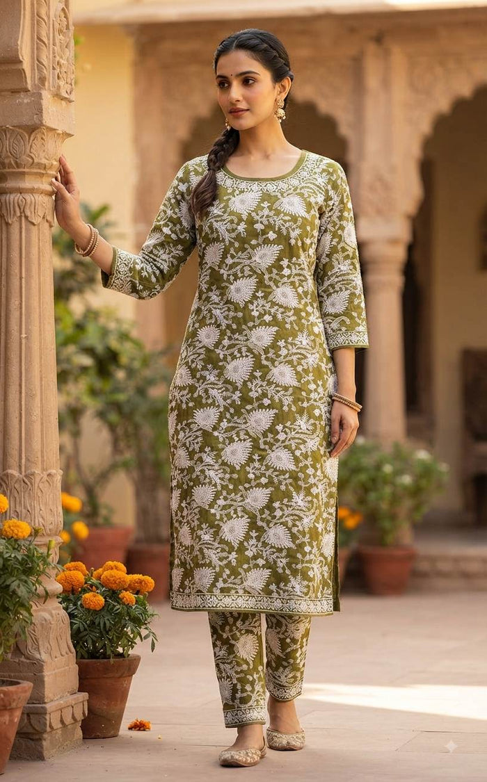 Yellowish Green- White Flowers Embroidered Chikankari Chanderi Fabric