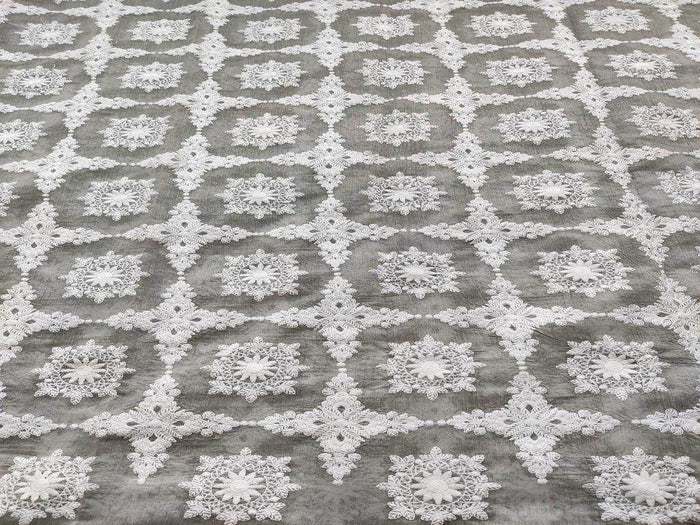 Gray-White Chikankari Embroidered Chanderi Fabric