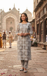 Gray-White Chikankari Embroidered Chanderi Fabric