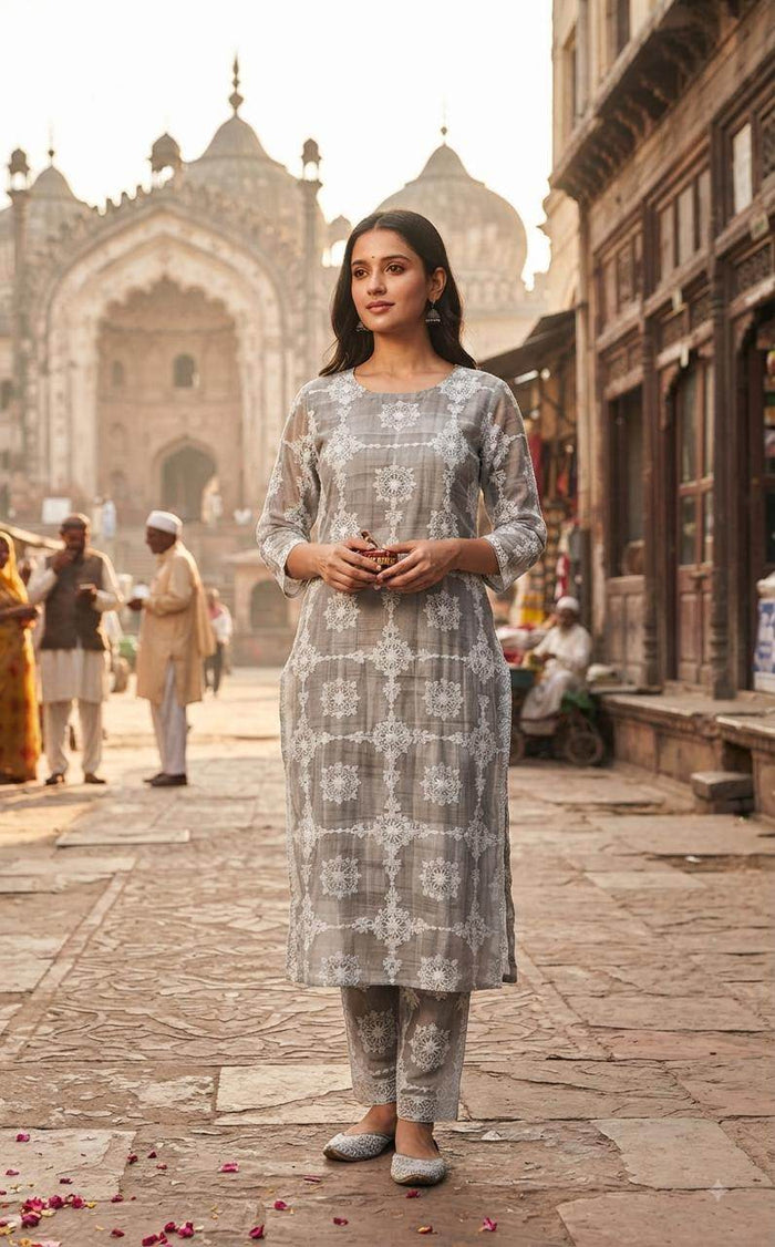 Gray-White Chikankari Embroidered Chanderi Fabric