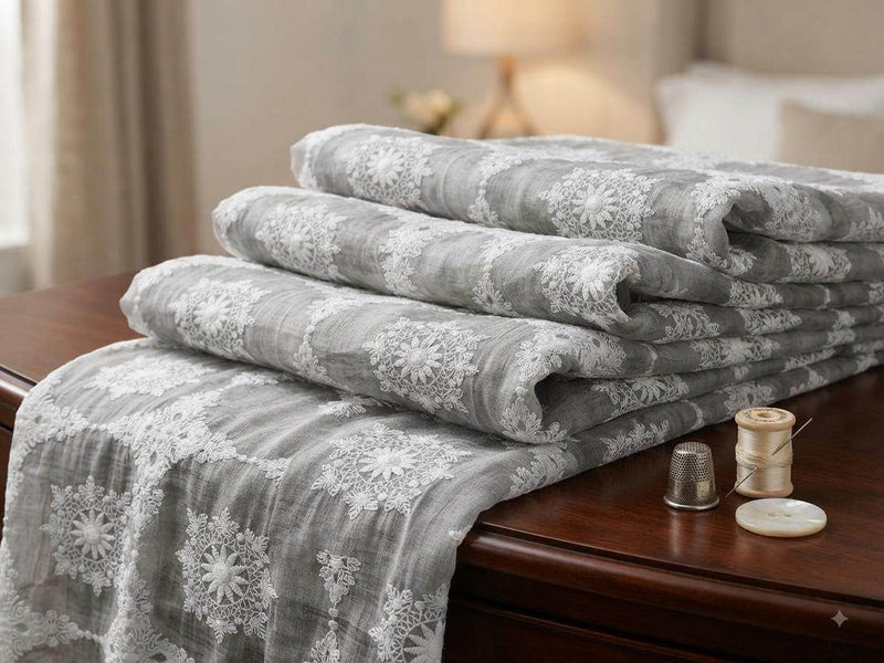 Gray-White Chikankari Embroidered Chanderi Fabric