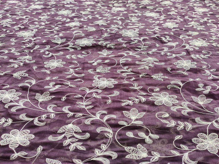 Plum-White Chikankari Flowers Embroidered Chanderi Fabric
