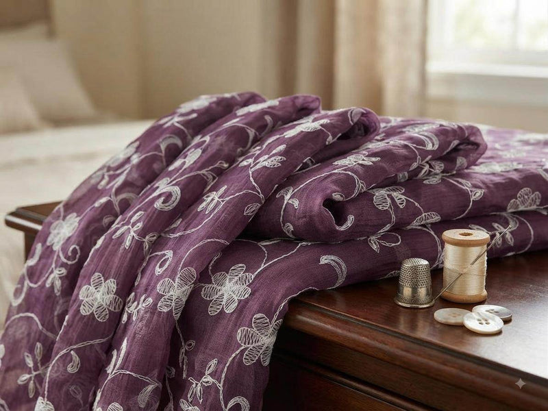 Plum-White Chikankari Flowers Embroidered Chanderi Fabric