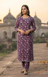 Plum-White Chikankari Flowers Embroidered Chanderi Fabric
