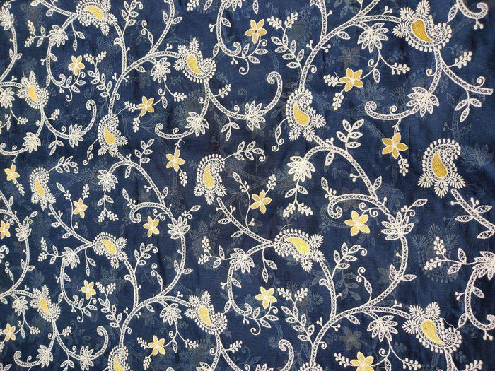 Exquisite Navy Blue Blue Floral Chikankari And Zari Embroidered Chanderi Fabric