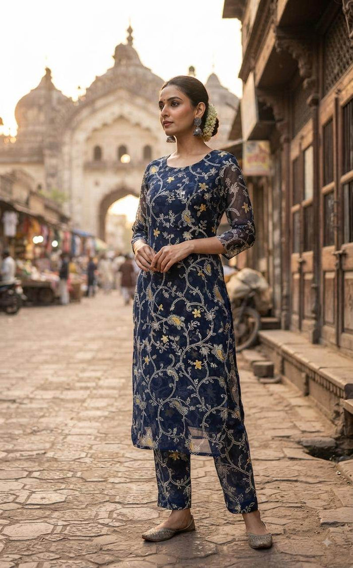 Exquisite Navy Blue Blue Floral Chikankari And Zari Embroidered Chanderi Fabric