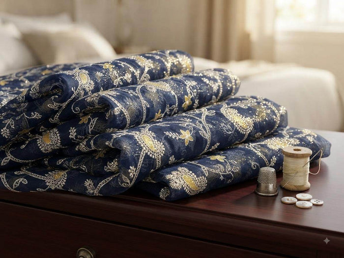 Exquisite Navy Blue Blue Floral Chikankari And Zari Embroidered Chanderi Fabric