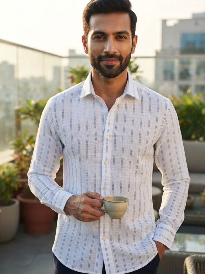 Off white  with Blue Striped Cotton-Linen Blend cotton linen fabric