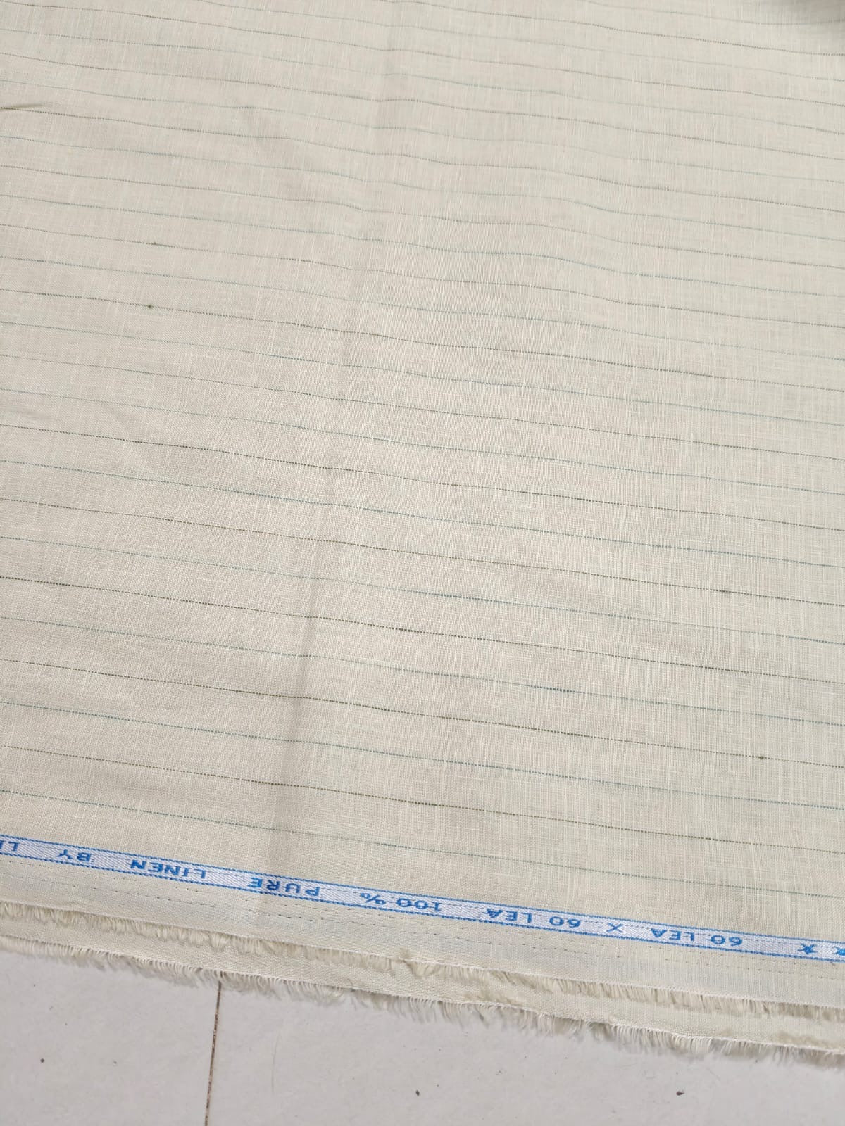 Premium Cream Pure Linen 60 Lea Pinstripe – Green & Black Stripes 100% Pure Linen Fabric (0% Cotton)