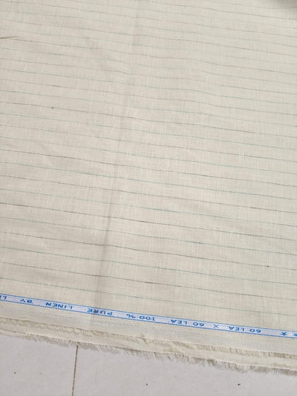Premium Cream Pure Linen 60 Lea Pinstripe – Green & Black Stripes 100% Pure Linen Fabric (0% Cotton)