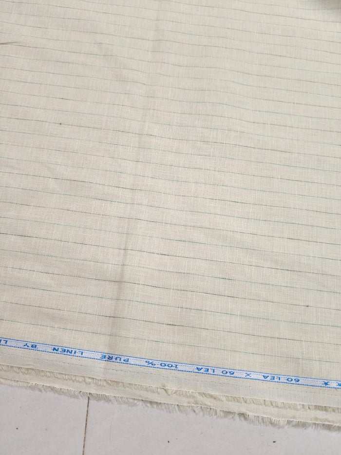 Premium Cream Pure Linen 60 Lea Pinstripe – Green & Black Stripes 100% Pure Linen Fabric (0% Cotton)