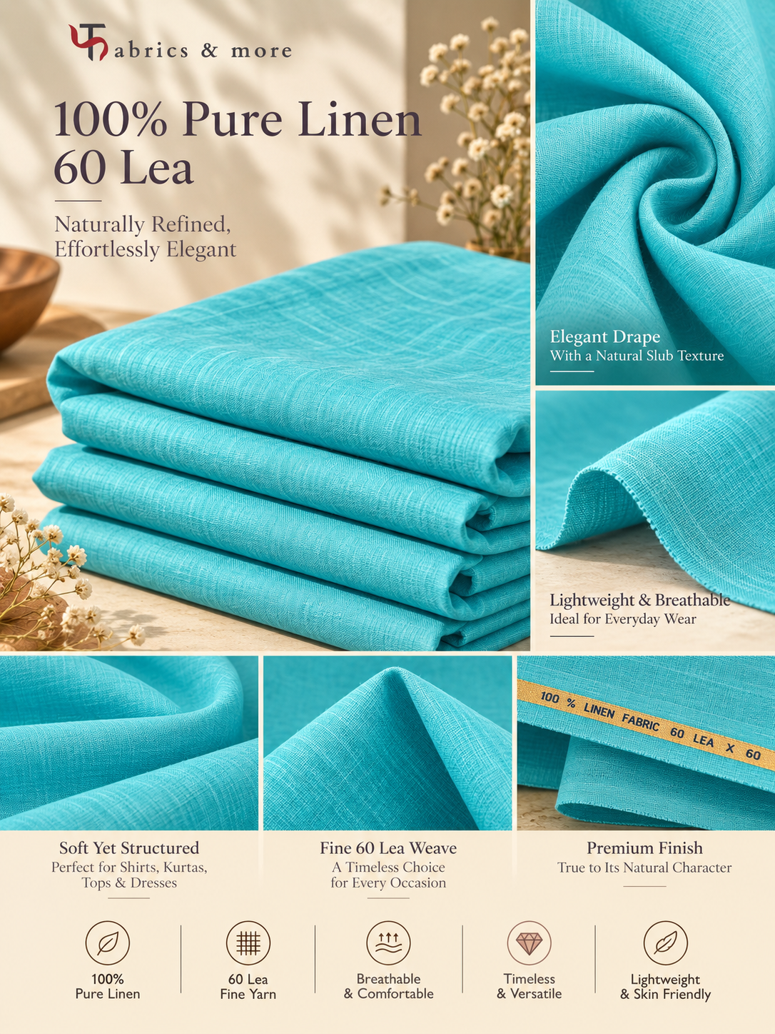 Premium Aqua Blue 100% Pure Linen Fabric-60 Lea (No Cotton )
Naturally Luxurious. Effortlessly Elegant. Pure Linen Comfort.