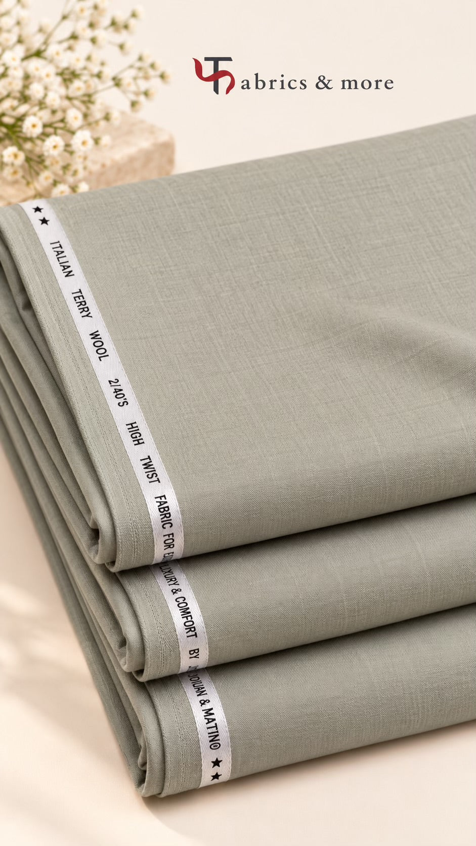 Imported Korean Terry Wool by Johan & Martin – Wrinkle-Free Premium SAGE GREY Suiting Fabric