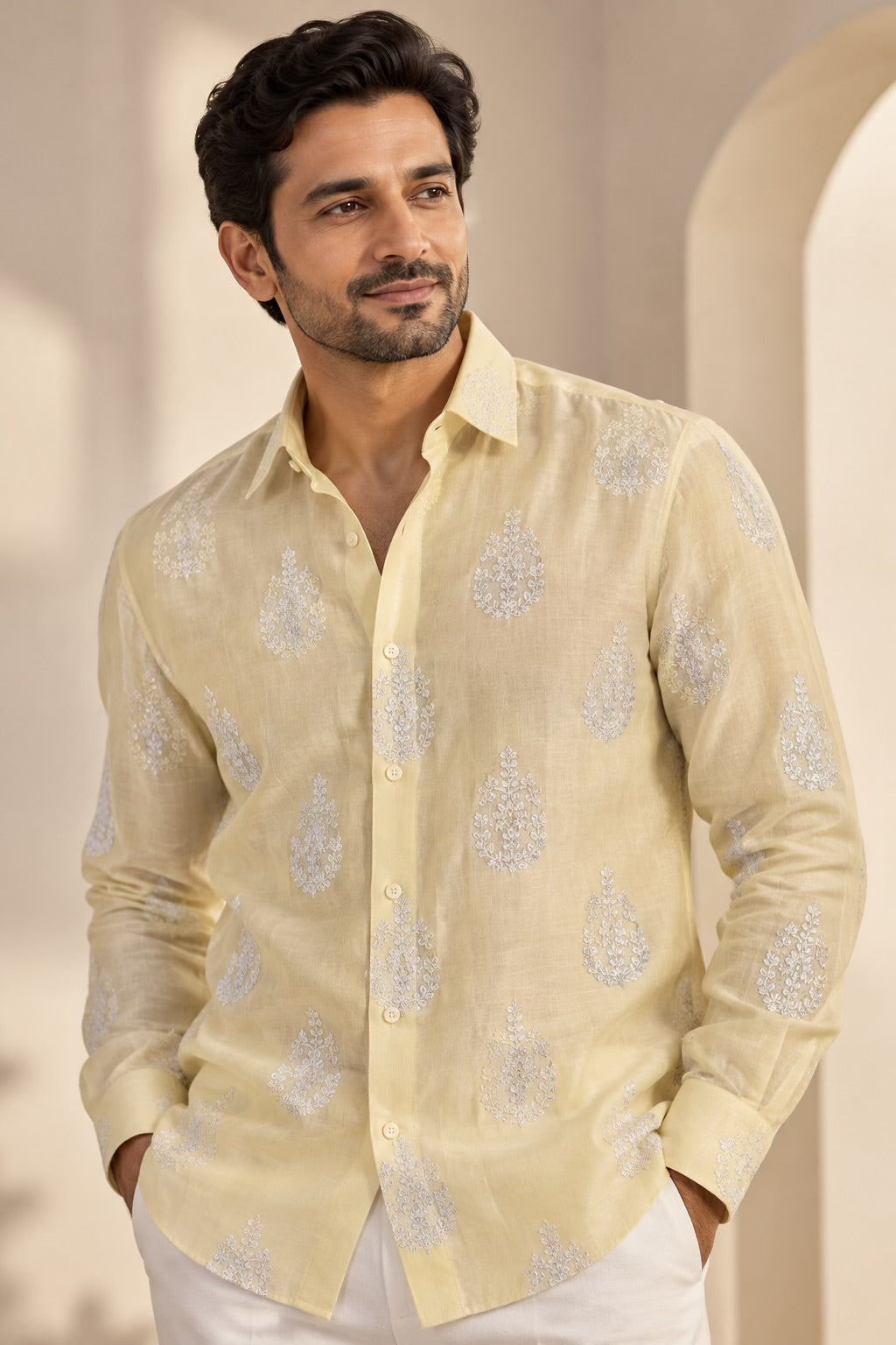 Pale Lemon Yellow Chanderi Fabric with White & Twisted Silver Dori Embroidery