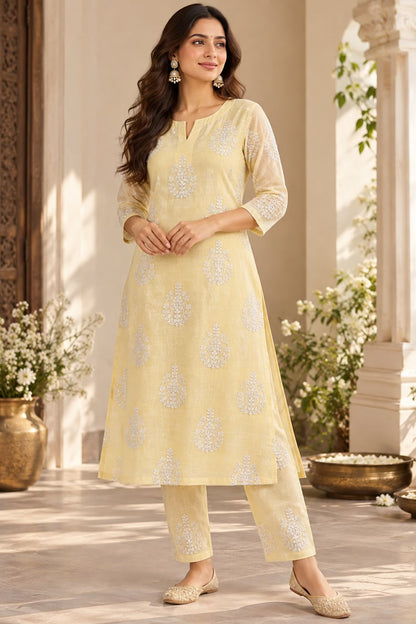 Pale Lemon Yellow Chanderi Fabric with White & Twisted Silver Dori Embroidery