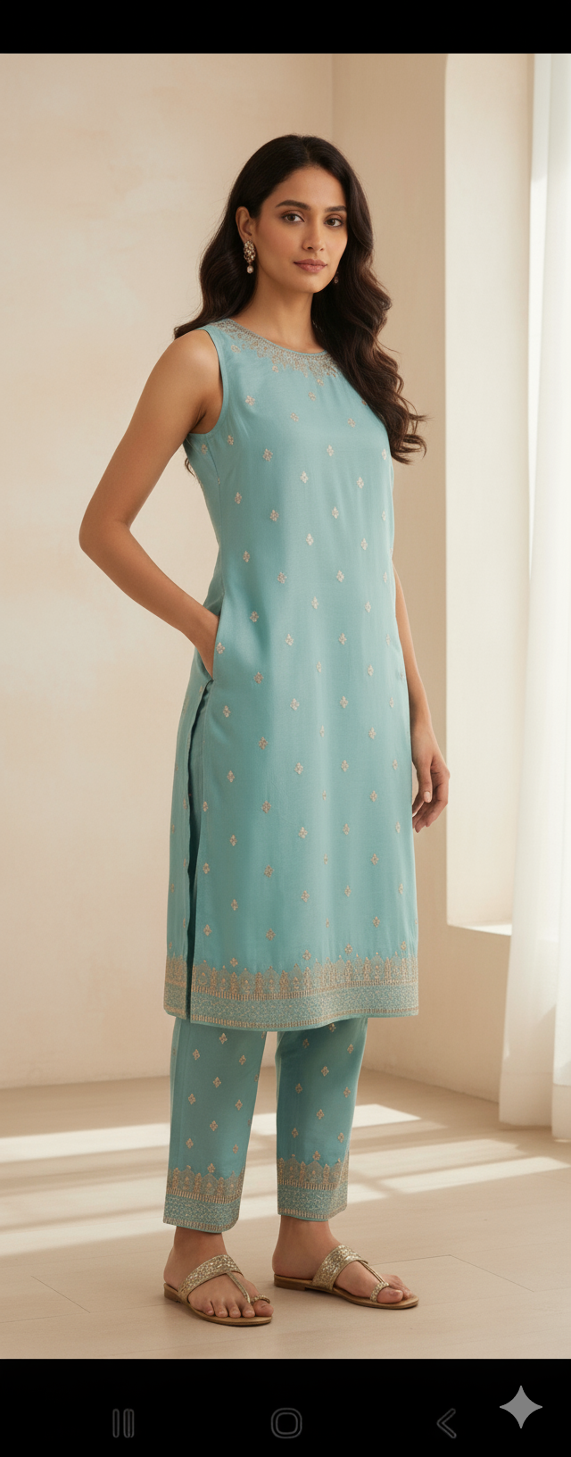 Zardozi & Sequins Embroidered Coral Blue Tissue Fabric