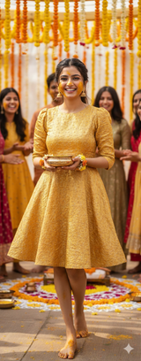 Beads & Sequins Embroidered Dark Mustard Yellow Crushed Tissue Fabric