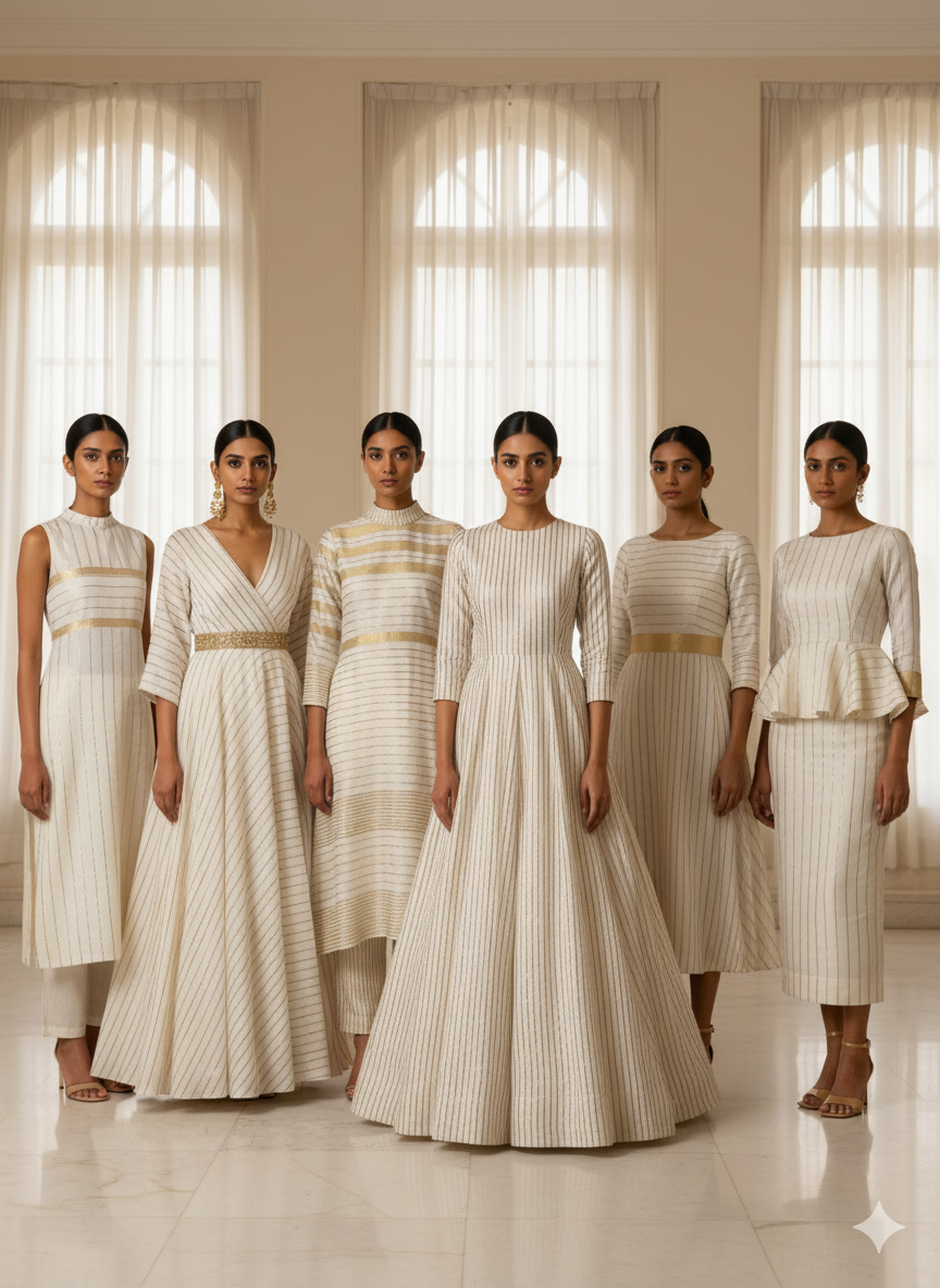 Golden striped white Chanderi Fabric