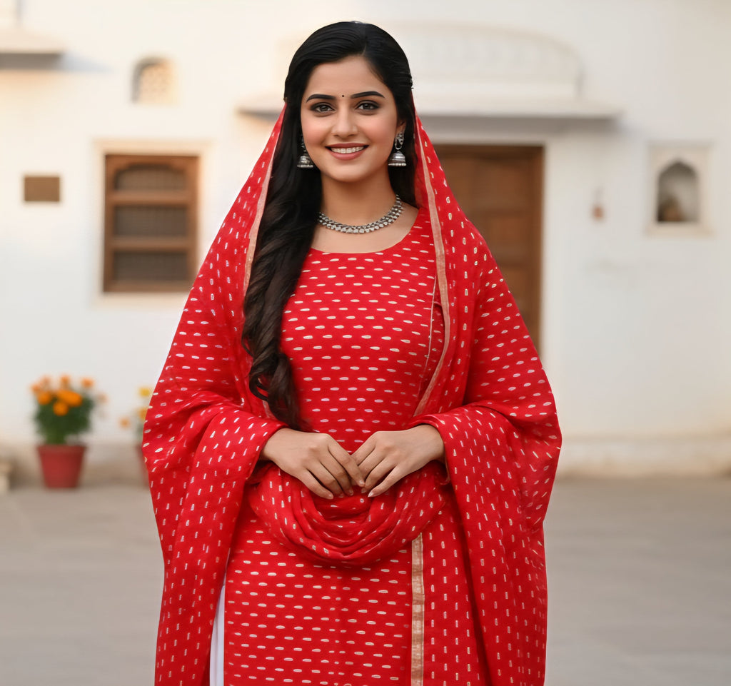 Red Self Weaved Bengal Butti Cotton Fabric