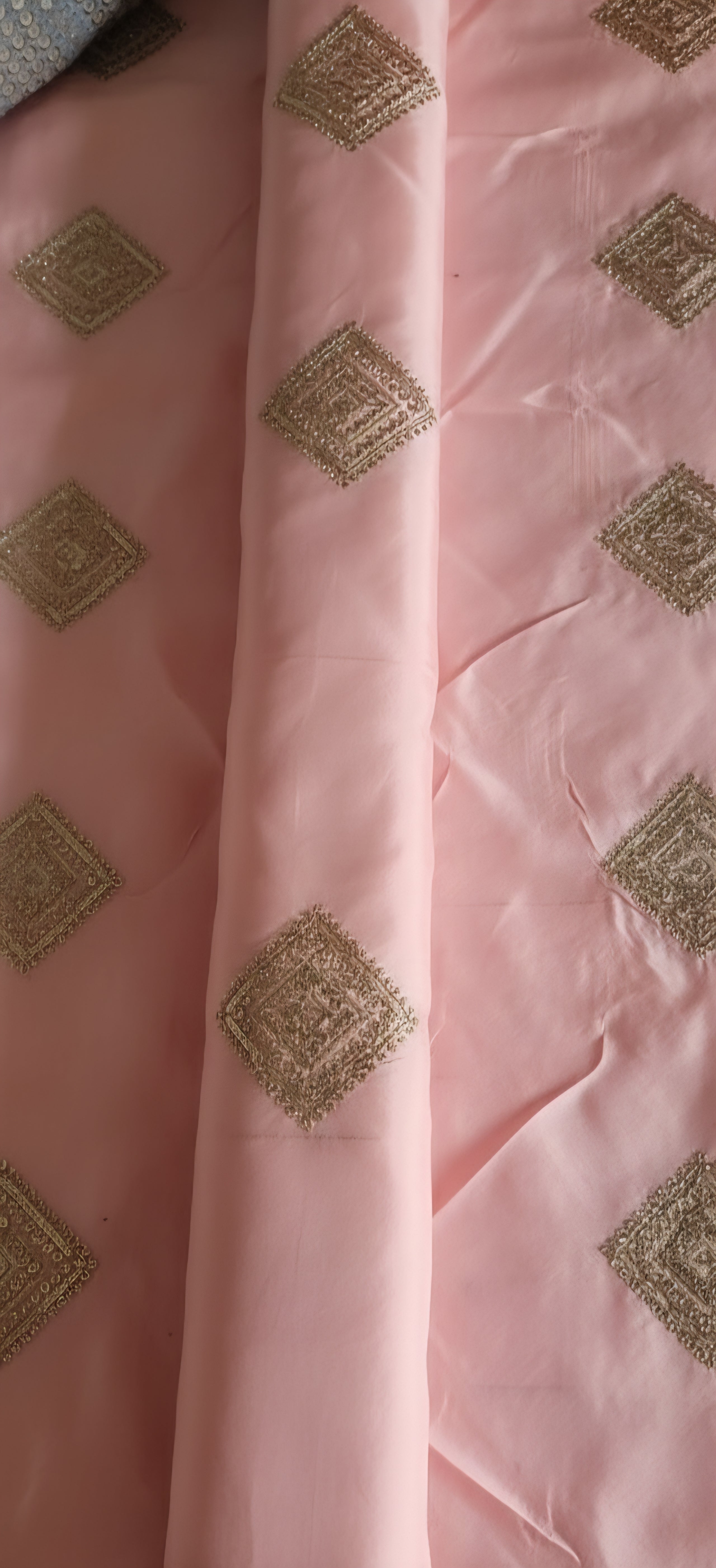 Peach taffeta Embroidered geometrically design with golden dori & sequences