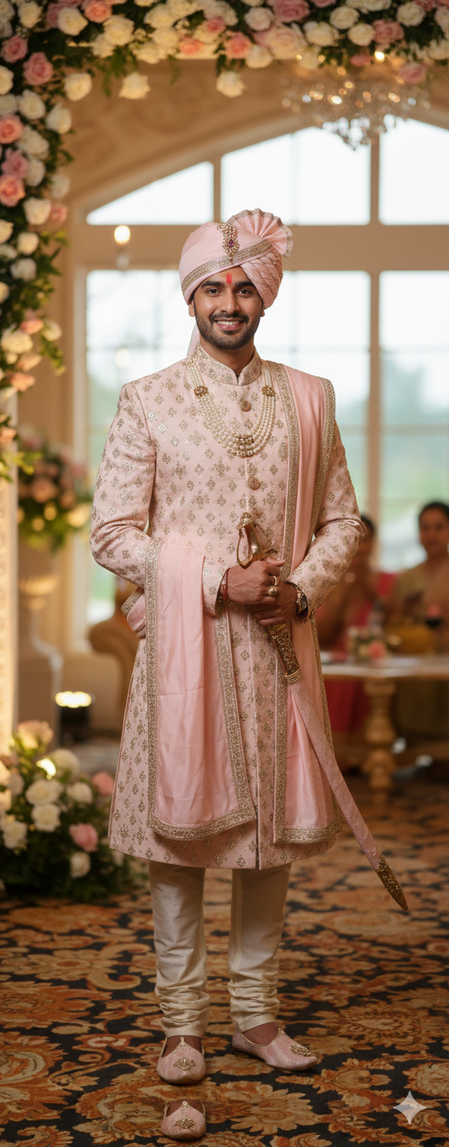 Peach taffeta Embroidered geometrically design with golden dori & sequences