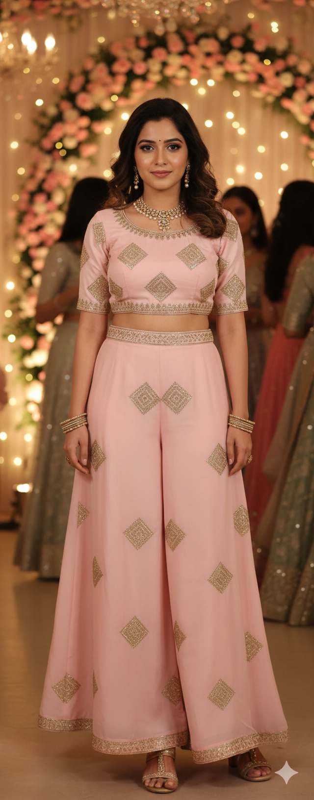 Peach taffeta Embroidered geometrically design with golden dori & sequences