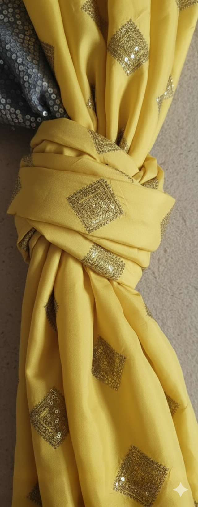 Lemon yellow taffeta silk Embroidered geometrically design with golden dori & sequences