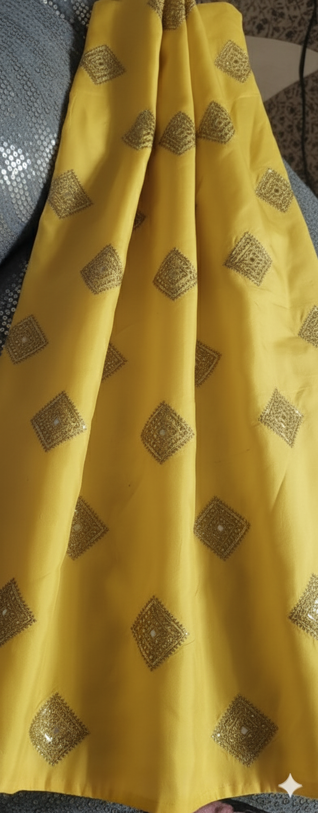 Lemon yellow taffeta silk Embroidered geometrically design with golden dori & sequences