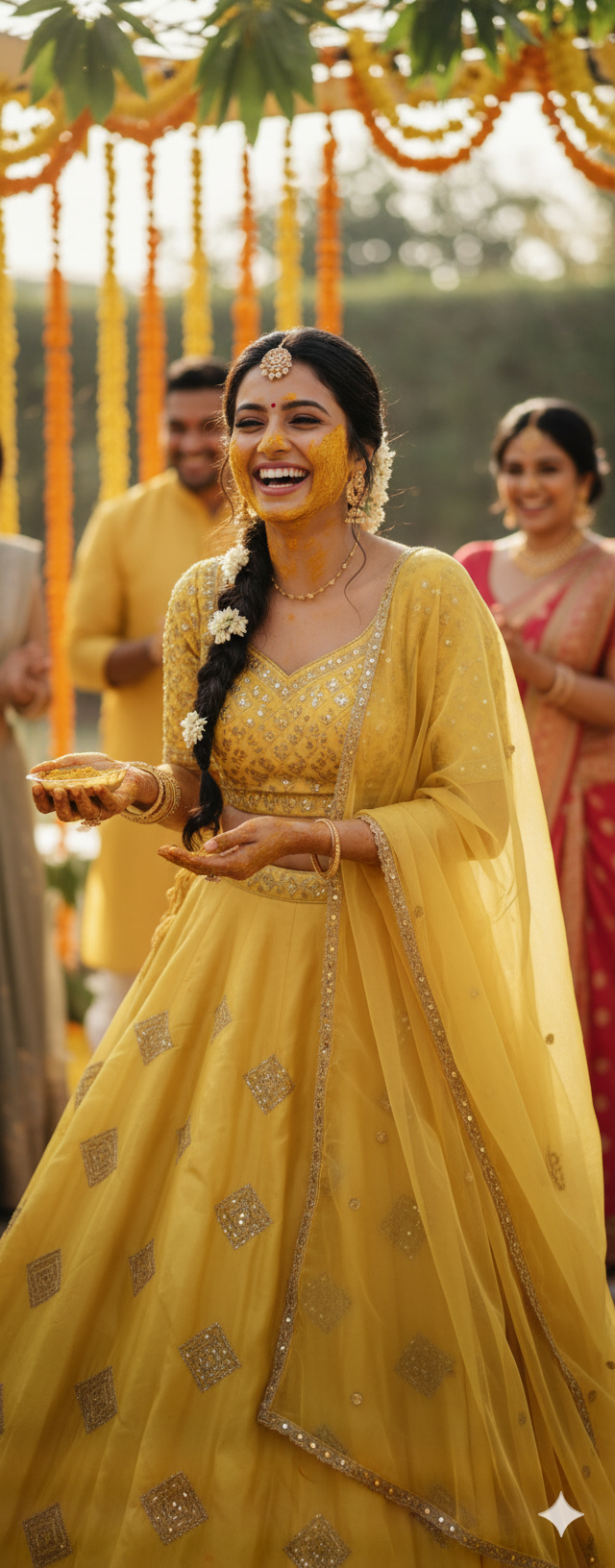 Lemon yellow taffeta silk Embroidered geometrically design with golden dori & sequences