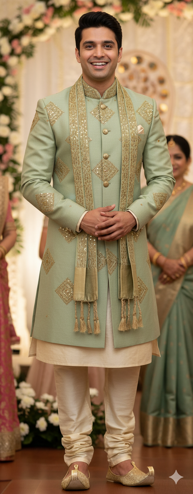 Floresent pista green taffeta silk Embroidered with golden dori & sequences