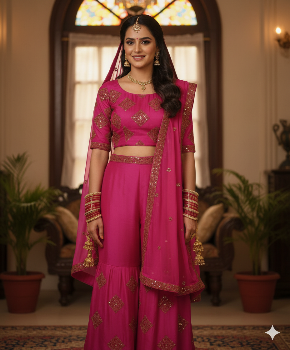 Hot Pink taffeta Embroidered with golden dori & sequences