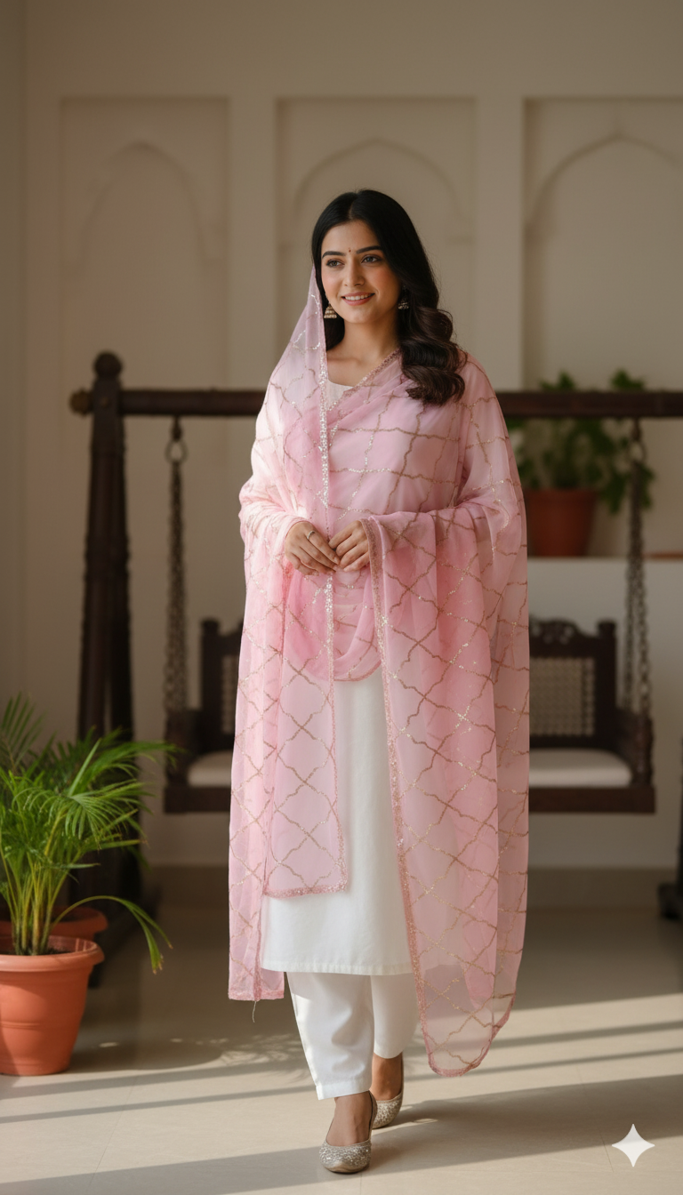 Pink Geometric Design Chanderi Silk Fabric
