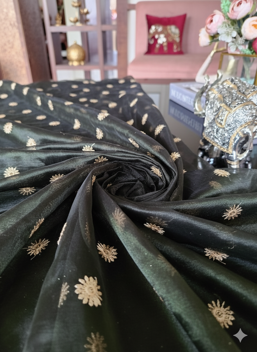 Mehandi Green Blooming Organza Fabric with Golden  Embroidered Sequence Butti