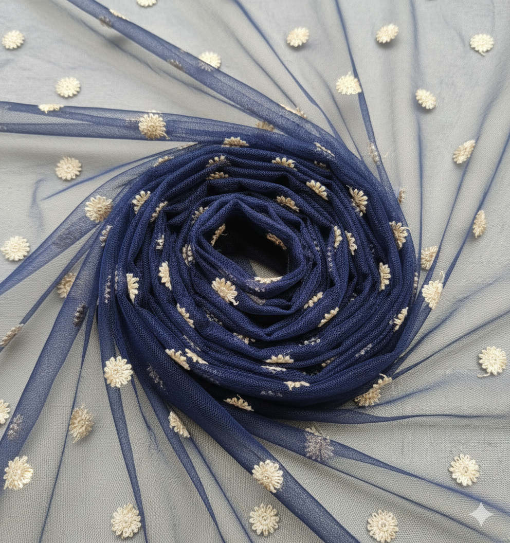 Blue Booming Organza Fabric with Golden Sequence Butti