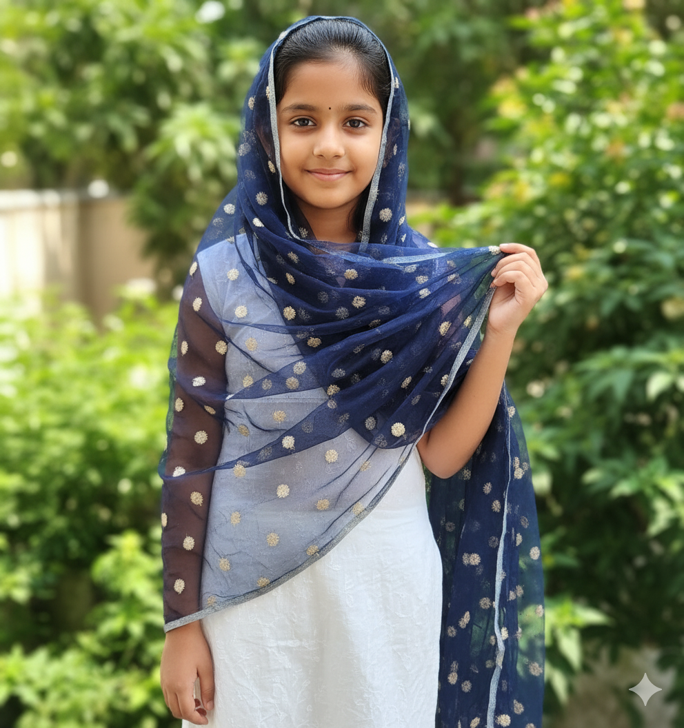 Blue Booming Organza Fabric with Golden Sequence Butti