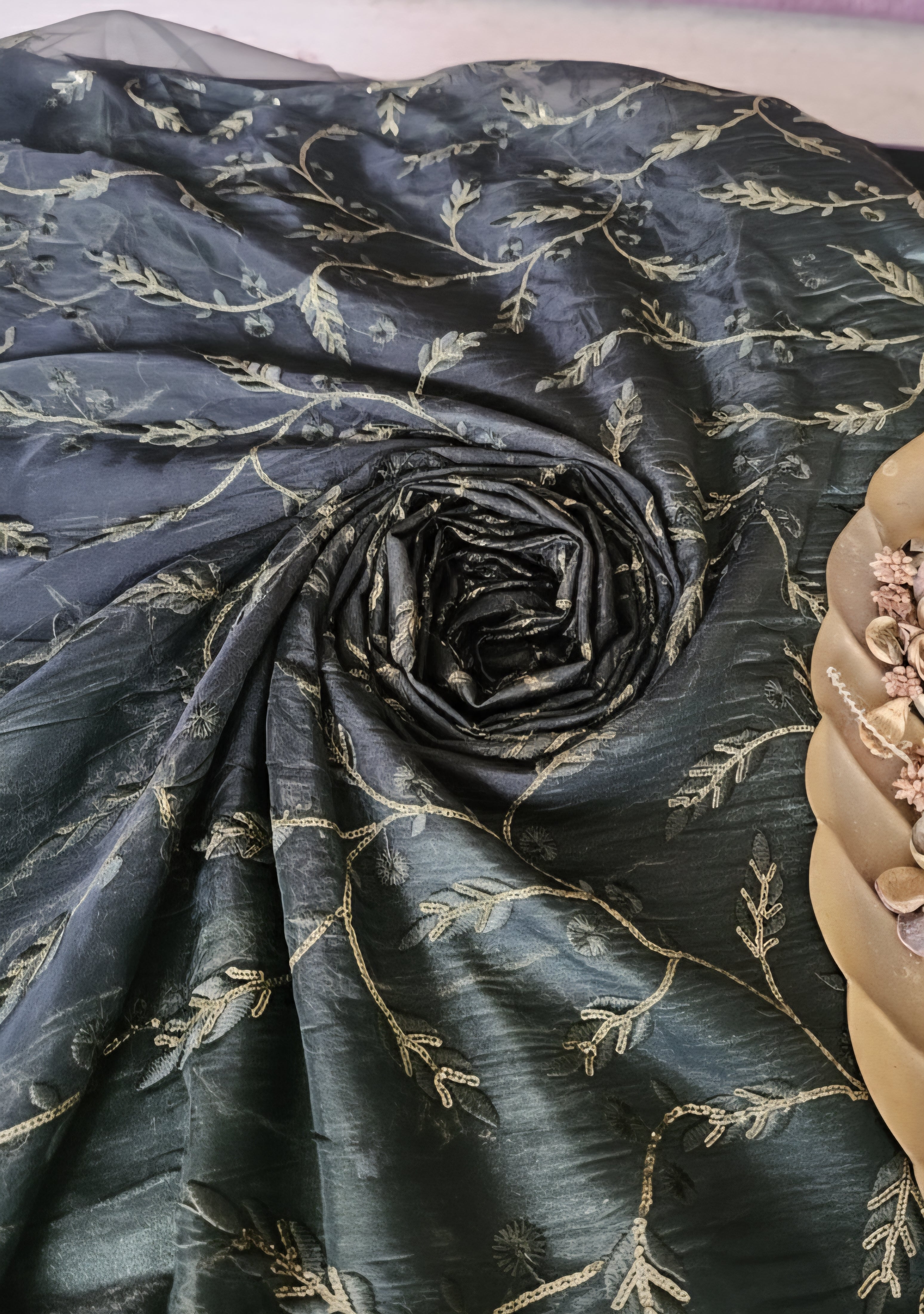 Mehndi Green Blooming Organza Fabric with Golden Embroidered Sequence Butti