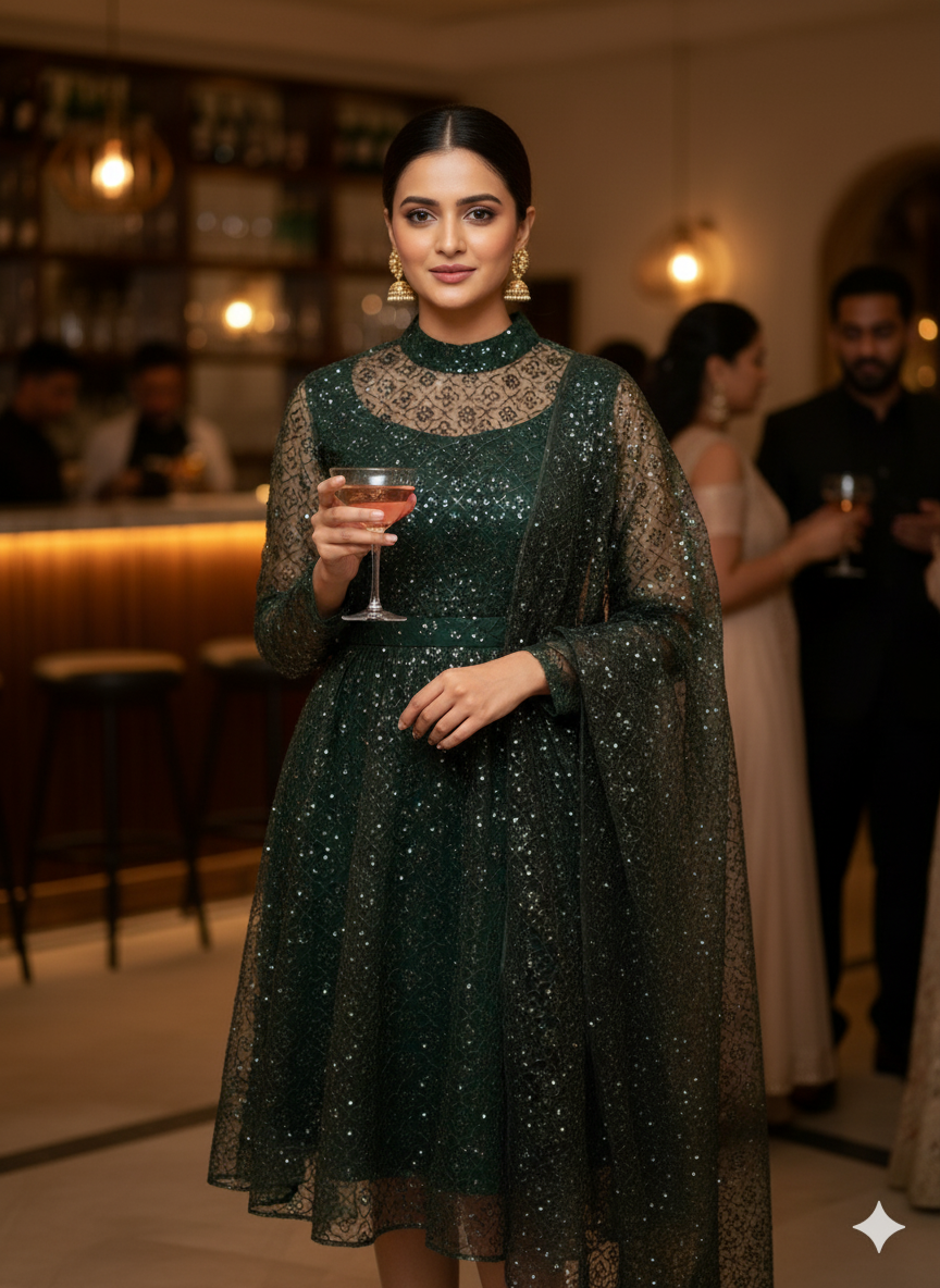 Mehndi green Blooming Organza Fabric with Black Sequence Embroidered Jaal