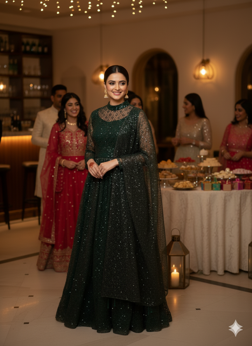 Mehndi green Blooming Organza Fabric with Black Sequence Embroidered Jaal