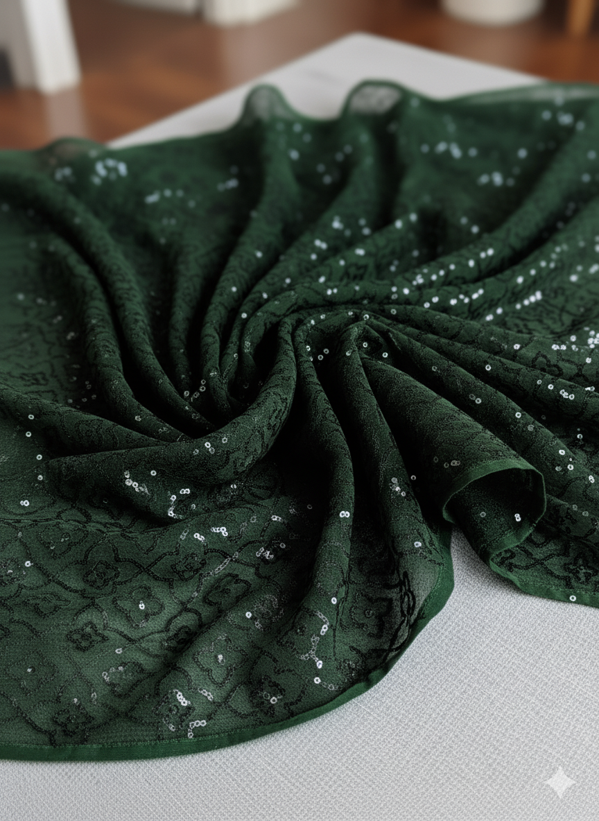 Mehndi green Blooming Organza Fabric with Black Sequence Embroidered Jaal