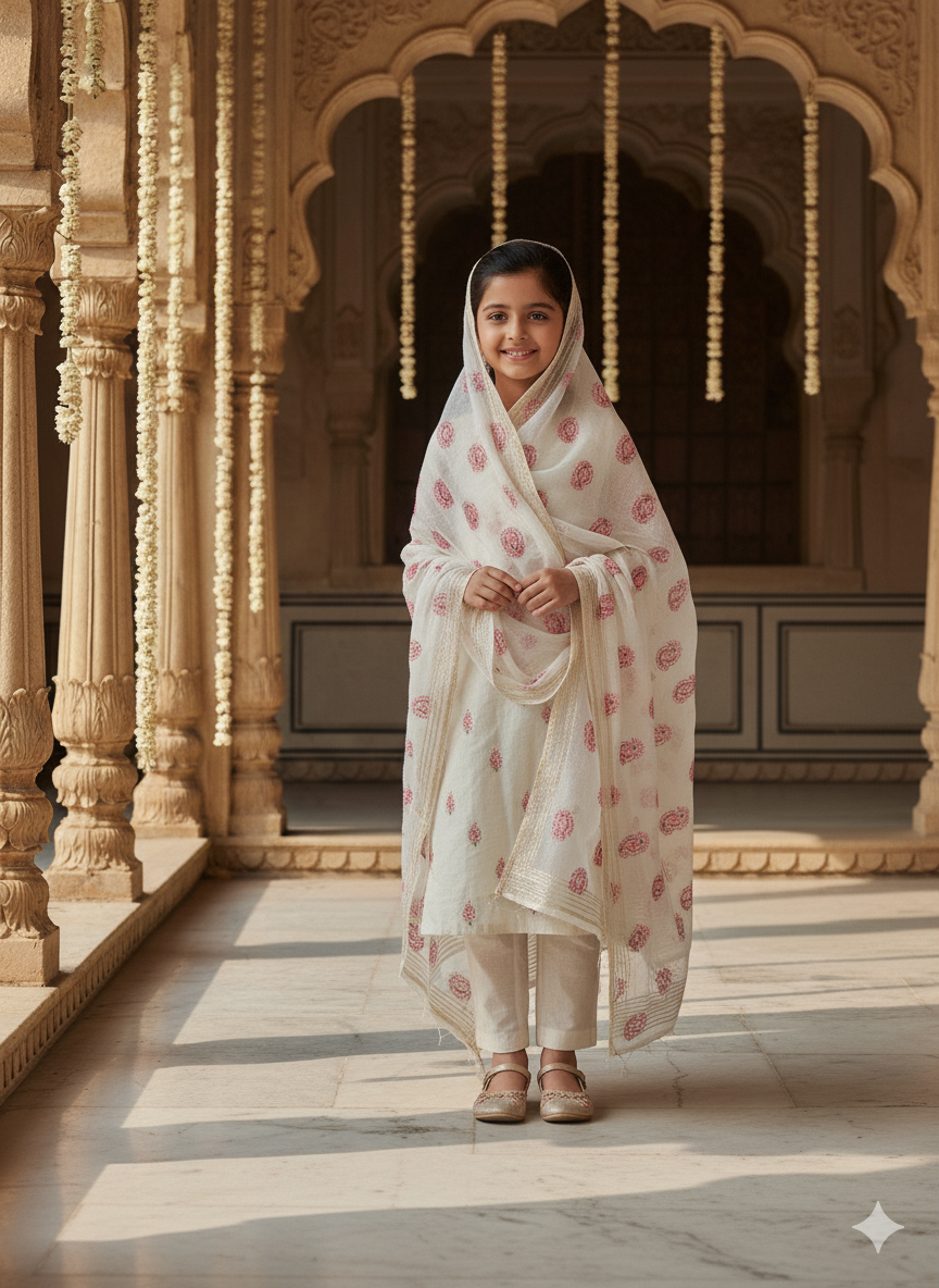 Kashmiri Embroidered White Chanderi Fabric