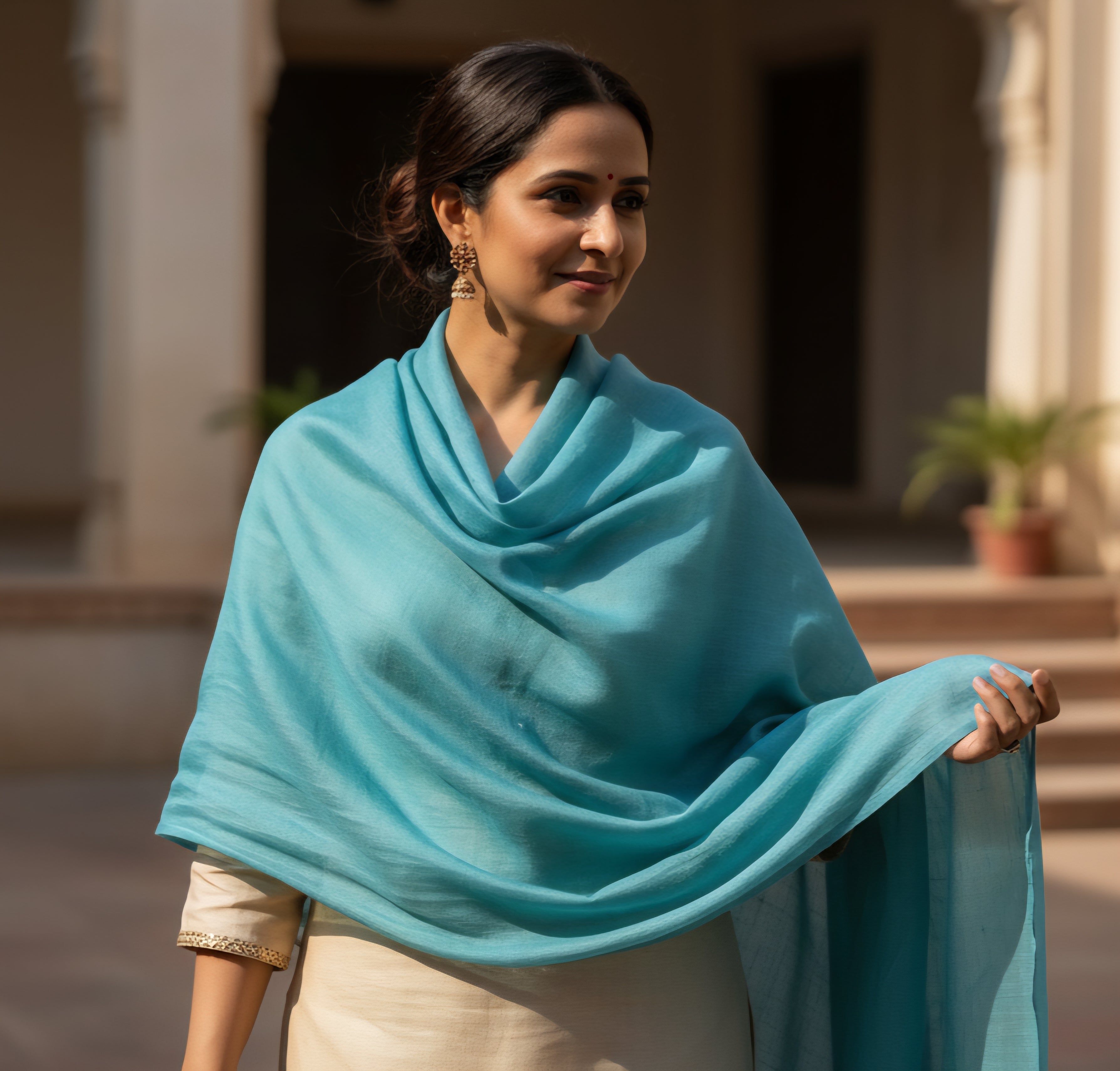 Aqua Blue Vichitra Silk Fabric