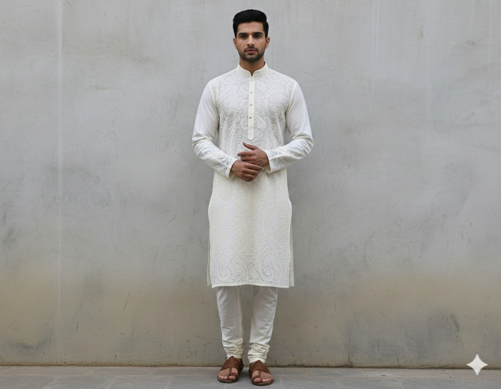 White Paisleys Lakhnawi Embroidered Dyeable Cotton Fabric