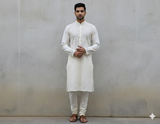 White Paisleys Lakhnawi Embroidered Dyeable Cotton Fabric