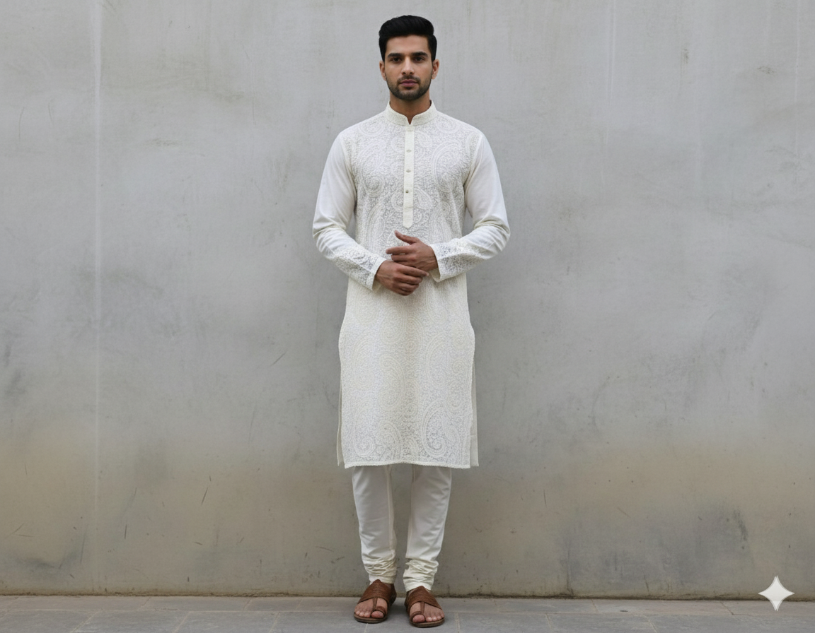 White Paisleys Lakhnawi Embroidered Dyeable Cotton Fabric