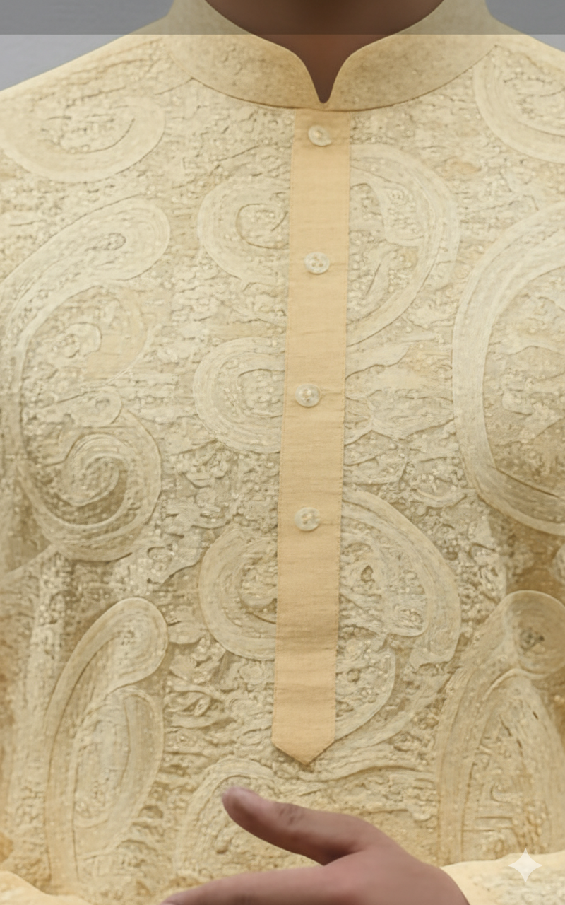 White Paisleys Lakhnawi Embroidered Dyeable Cotton Fabric