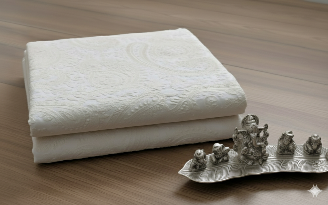 White Paisleys Lakhnawi Embroidered Dyeable Cotton Fabric