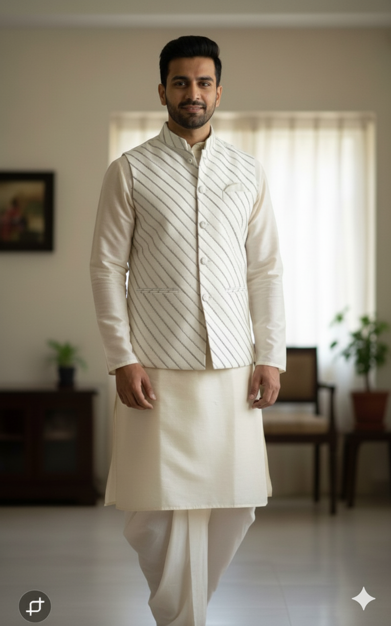 White Silver Dori Tucks Chanderi Silk Fabric