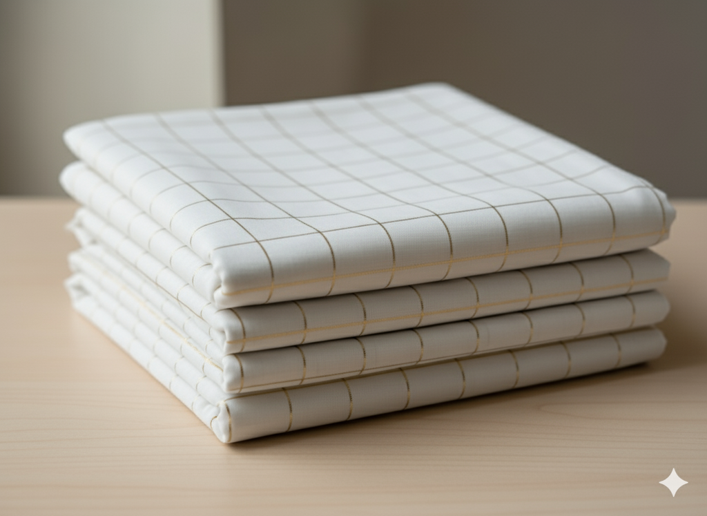 Off White Golden Checks Chanderi Fabric